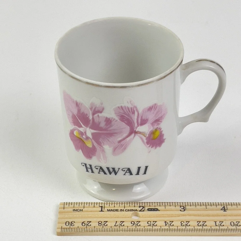 Vintage Souvenir Hawaii Pink Hibiscus Flower Gold Pedestal Coffee Cup Porcelain
